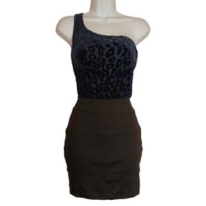 FOREVER 21 Navy Blue Leopard Print One Shoulder Black Bodycon Dress Small NWT
